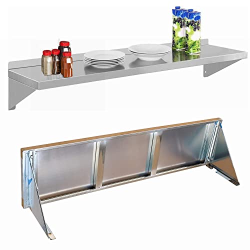 MYOYA Stainless Steel Shelf 12" x 48" 280lbs Heavy Duty Metal Shelves NSF Commercial Wall Mounted Floating Shelving with Backsplash and Brackets for Kitchen Restaurant Bar Hotel and Garage