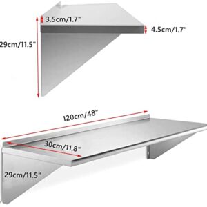 MYOYA Stainless Steel Shelf 12" x 48" 280lbs Heavy Duty Metal Shelves NSF Commercial Wall Mounted Floating Shelving with Backsplash and Brackets for Kitchen Restaurant Bar Hotel and Garage