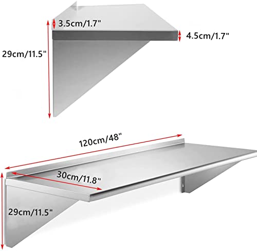 MYOYA Stainless Steel Shelf 12" x 48" 280lbs Heavy Duty Metal Shelves NSF Commercial Wall Mounted Floating Shelving with Backsplash and Brackets for Kitchen Restaurant Bar Hotel and Garage