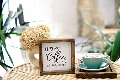 Lavender Inspired I Like My Coffee Hot, Just Like My Husband-Funny Coffee Signs for Kitchen Decor-Farmhouse Coffee Bar Decor Signs -Tiered Tray Signs-Rustic Coffee Sign with Funny Quote-, 7x7