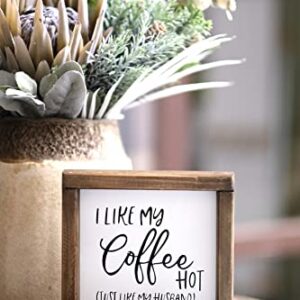 Lavender Inspired I Like My Coffee Hot, Just Like My Husband-Funny Coffee Signs for Kitchen Decor-Farmhouse Coffee Bar Decor Signs -Tiered Tray Signs-Rustic Coffee Sign with Funny Quote-, 7x7