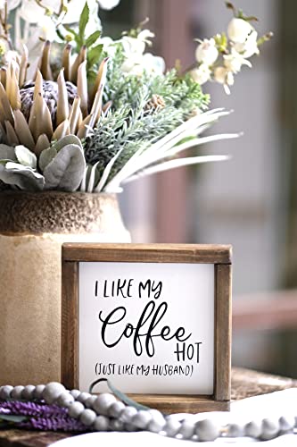 Lavender Inspired I Like My Coffee Hot, Just Like My Husband-Funny Coffee Signs for Kitchen Decor-Farmhouse Coffee Bar Decor Signs -Tiered Tray Signs-Rustic Coffee Sign with Funny Quote-, 7x7