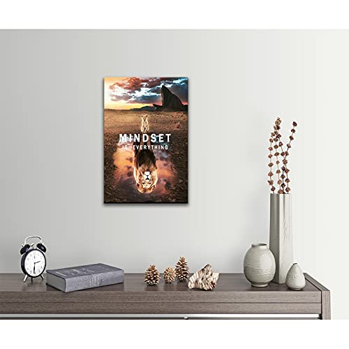 Inspirational Canvas Painting Small Cat and Big Lions Mindset is Everything Wall Art Cute Animal Poster Prints Wall Pictures for Living Room Home Decor Office Framed Ready to Hang [12''W x 18''H]