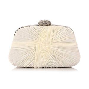womens clutch bag,pleated satin handbag lady pleated bow purse bag with chain for prom wedding evening party (off white)