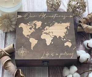 our adventures box, 8.5 in x 8 in x 2.5 in, wooden box, keepsake box, memory box, gift box, 5th anniversary gift, unique gift ideas, travel, wooden anniversary gift