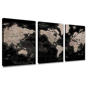 vintage world map canvas wall art retro map of the world canvas prints framed and stretched for living room ready to hang 12”x16” 3 piece