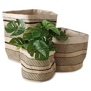 geometric striped linen plant baskets, set of 3, beige and black, floor and shelf organizers, durable burlap weave, collapsible, stitched, 13.75, 9.75 and 7.75 inches