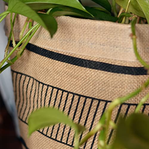 Geometric Striped Linen Plant Baskets, Set of 3, Beige and Black, Floor and Shelf Organizers, Durable Burlap Weave, Collapsible, Stitched, 13.75, 9.75 and 7.75 Inches