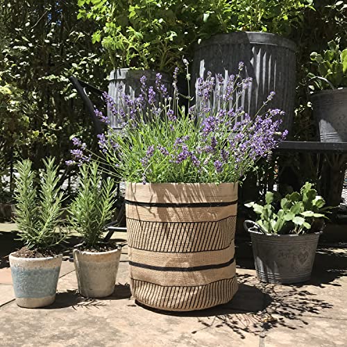 Geometric Striped Linen Plant Baskets, Set of 3, Beige and Black, Floor and Shelf Organizers, Durable Burlap Weave, Collapsible, Stitched, 13.75, 9.75 and 7.75 Inches