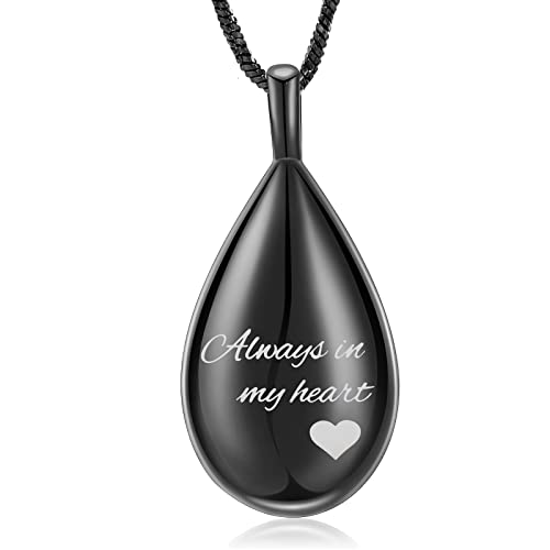 Yinplsmemory Carved Teardrop Keepsake Ashes Necklace Urn Pendant Cremation Memorial Jewelry Always in My Heart Black