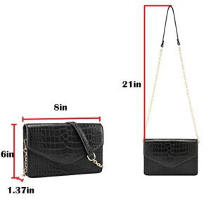 Ayliss Women Small Crossbody Handbag Purse Crocodile Classic Clutch Shoulder Handbag PU Leather Chain Evening Clutch Dress Bag (Black, Small)