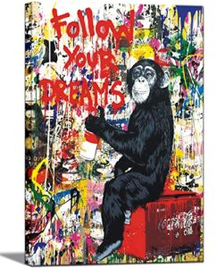 banksy street graffiti monkey inspirational quotes animal canvas art for office living room office wall decor home decoration framed ready to hang,bedroom decor for men cave (graffiti monkey, 24inchx16inch)