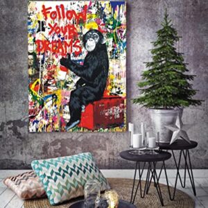 Banksy Street Graffiti Monkey Inspirational quotes Animal Canvas Art for Office Living Room Office Wall Decor Home Decoration Framed Ready to Hang,bedroom decor for men Cave (Graffiti monkey, 24inchx16inch)