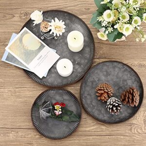 Hipiwe 3PCS Industrial Metal Iron Tray Round Galvanized Serving Tray Rustic Farmhouse Style Home Decorative Tray for Weddings Parties Coffee Table Centerpiece (9.6" + 7.7" + 6.1 ")