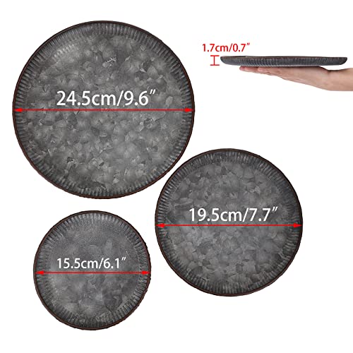 Hipiwe 3PCS Industrial Metal Iron Tray Round Galvanized Serving Tray Rustic Farmhouse Style Home Decorative Tray for Weddings Parties Coffee Table Centerpiece (9.6" + 7.7" + 6.1 ")