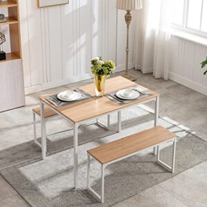 bonzy home dining room table set 3, 3 piece kitchen table set with two benches, modern wood look table set for kitchen,dining room, restaurant (off white)