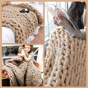 Lake Island Chunky Yarn Blanket NO Shedding Super Soft Chenille - Handmade 50"x60" Luxurious Chunky Throw Blanket for Bed, Sofa Chunky Knit Throw Boho Decor Thick Chunky Knit Blanket Throw Tan/Camel