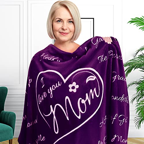 Gifts for Mom, Mom Blanket from Daughter, Mom Gifts, Mothers Day Gifts from Daughter, Gifts for Anniversary Mom Birthday Gifts, I Love You Mom Blanket, Throw Blanket 65" × 50" (Purple)