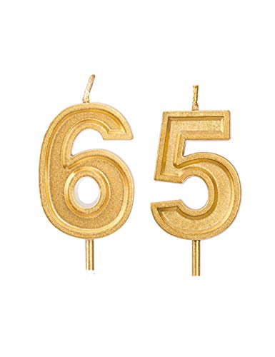 2.76 inch Gold 65th Birthday Candles,Number 65 Cake Topper for Birthday Decorations