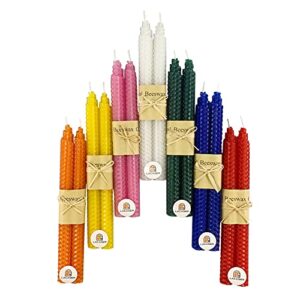 lacaser nature beeswax taper candles colorful 7 pairs set, dripless & smokeless & unscented, 14 pcs 9″ long candlesticks rainbow colored, gift box packed
