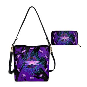 HUGS IDEA Fashion Dragonfly Flower Pattern Womens Large Capacity Handbag Satchel Bag with Shoulder Straps and Wallet PU Leather Handbags for Work, School, Party