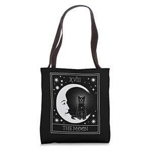 tarot card crescent moon and black cat cosmic graphic tote bag