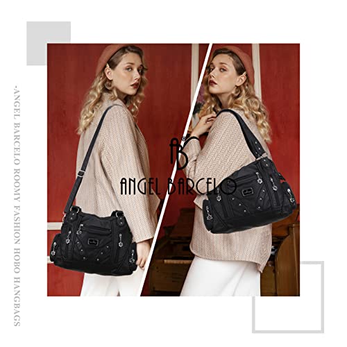 Angel Barcelo Roomy Fashion Hobo Womens Handbags Ladies Purses Satchel Shoulder Bags Tote Washed Leather Bag (Stylish Black)