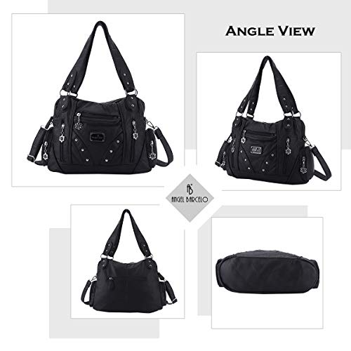 Angel Barcelo Roomy Fashion Hobo Womens Handbags Ladies Purses Satchel Shoulder Bags Tote Washed Leather Bag (Stylish Black)