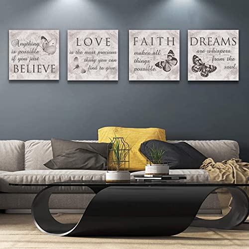 Butterfly Wall Art Grey Love Dream Faith Believe Quotes Pictures Bathroom Bedroom Living room Wall Decor Canvas Posters Prints (12 * 12inch*4)