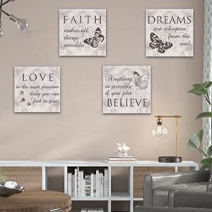 Butterfly Wall Art Grey Love Dream Faith Believe Quotes Pictures Bathroom Bedroom Living room Wall Decor Canvas Posters Prints (12 * 12inch*4)