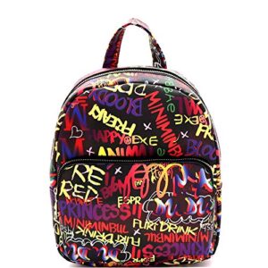 retro vintage multicolor colorful graffiti vegan leather tote purse handbag (medium pocket backpack – dark multi)