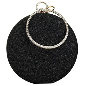 women round glitter clutch tote bag top handle handbags purse with chain circular rhinestone ring for proms wedding evening party (black)