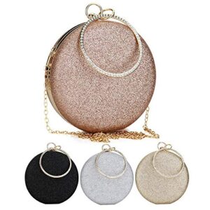 Women Round Glitter Clutch Tote Bag Top Handle Handbags Purse with Chain Circular Rhinestone Ring for Proms Wedding Evening Party (Black)