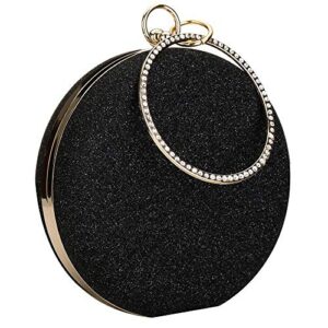 Women Round Glitter Clutch Tote Bag Top Handle Handbags Purse with Chain Circular Rhinestone Ring for Proms Wedding Evening Party (Black)