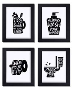 bathroom decor wall art prints with paper frames;funny bathroom wall signs wash brush floss flush black and white bathroom canvas artwork poster carboard frames 8×10inch set of 4(black and white) (b)
