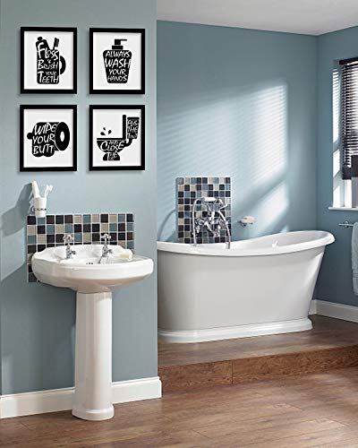 Bathroom Decor Wall Art Prints with Paper Frames;Funny Bathroom Wall Signs Wash Brush Floss Flush Black and White Bathroom Canvas Artwork Poster Carboard Frames 8×10inch set of 4(Black and White) (B)