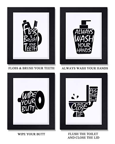 Bathroom Decor Wall Art Prints with Paper Frames;Funny Bathroom Wall Signs Wash Brush Floss Flush Black and White Bathroom Canvas Artwork Poster Carboard Frames 8×10inch set of 4(Black and White) (B)