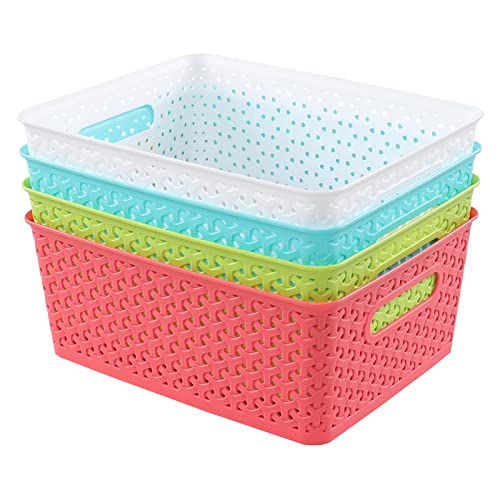 Jekiyo Plastic Storage Basket with Handles, Plastic Organizer Bins, 4 Packs