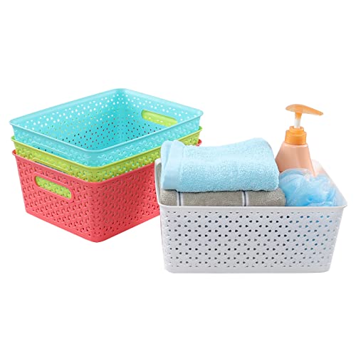 Jekiyo Plastic Storage Basket with Handles, Plastic Organizer Bins, 4 Packs