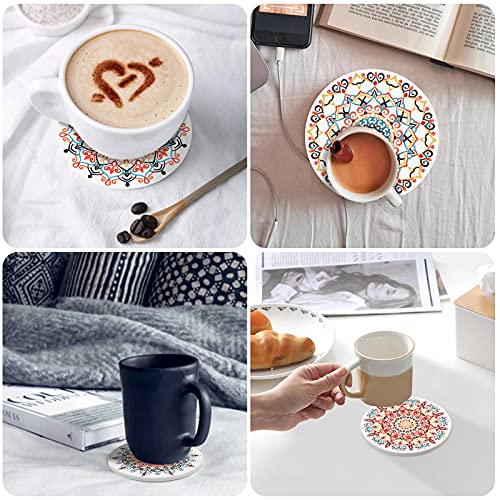 Coasters for Drinks with Holder Beautiful Flower Ceramic Coasters 4 Inch Round Absorbent Drink Coasters with Cork Base Set of 6 for Kinds of Cups, Wooden Table, Table Protection, Housewarming Gifts