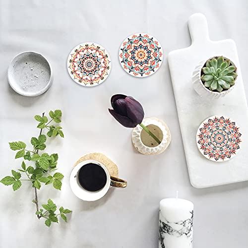 Coasters for Drinks with Holder Beautiful Flower Ceramic Coasters 4 Inch Round Absorbent Drink Coasters with Cork Base Set of 6 for Kinds of Cups, Wooden Table, Table Protection, Housewarming Gifts