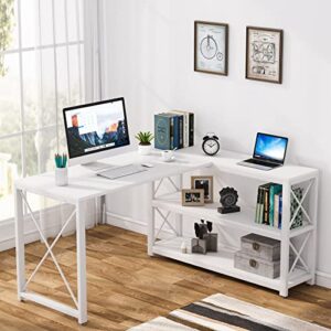 tribesigns reversible industrial l-shaped desk with storage shelves, corner computer desk pc laptop study table workstation for home office small space (white, 53″)