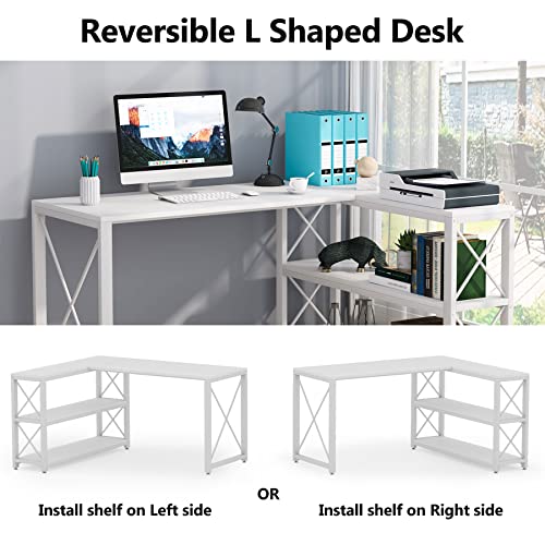 Tribesigns Reversible Industrial L-Shaped Desk with Storage Shelves, Corner Computer Desk PC Laptop Study Table Workstation for Home Office Small Space (White, 53")