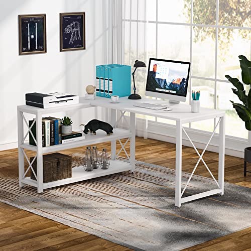 Tribesigns Reversible Industrial L-Shaped Desk with Storage Shelves, Corner Computer Desk PC Laptop Study Table Workstation for Home Office Small Space (White, 53")