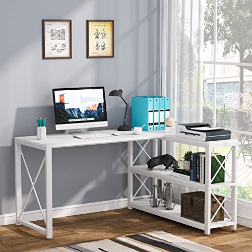 Tribesigns Reversible Industrial L-Shaped Desk with Storage Shelves, Corner Computer Desk PC Laptop Study Table Workstation for Home Office Small Space (White, 53")