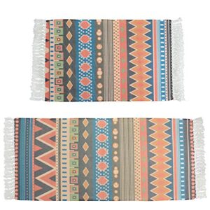 abreeze cotton area rug set 2 piece 2’x3’+2’x4’4″,bohemian hand woven cotton rugs with tassel washable cotton throw rug runner for kitchen, living room, bedroom(orange)