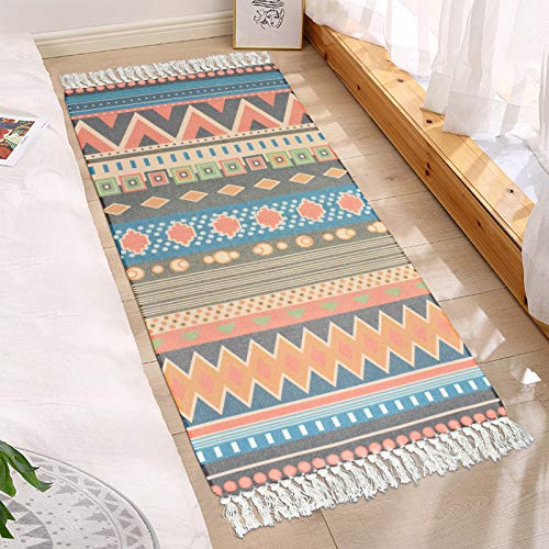 ABREEZE Cotton Area Rug Set 2 Piece 2'x3'+2'x4'4",Bohemian Hand Woven Cotton Rugs with Tassel Washable Cotton Throw Rug Runner for Kitchen, Living Room, Bedroom(Orange)