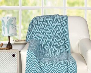 100% cotton throw blanket 50×60 – turquoise throw blanket with fringe – soft lightweight bed throw for couch, chair – cozy farmhouse throw blanket – decorative throw blanket – home living room decor