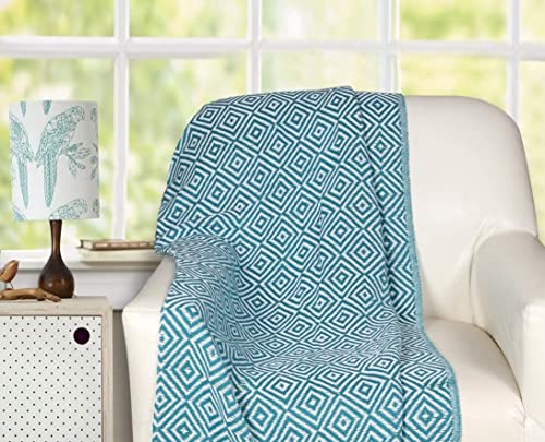 100% Cotton Throw Blanket 50x60 - Turquoise Throw Blanket with Fringe - Soft Lightweight Bed Throw for Couch, Chair - Cozy Farmhouse Throw Blanket - Decorative Throw Blanket - Home Living Room Decor