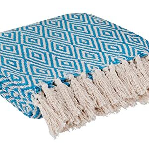 100% Cotton Throw Blanket 50x60 - Turquoise Throw Blanket with Fringe - Soft Lightweight Bed Throw for Couch, Chair - Cozy Farmhouse Throw Blanket - Decorative Throw Blanket - Home Living Room Decor